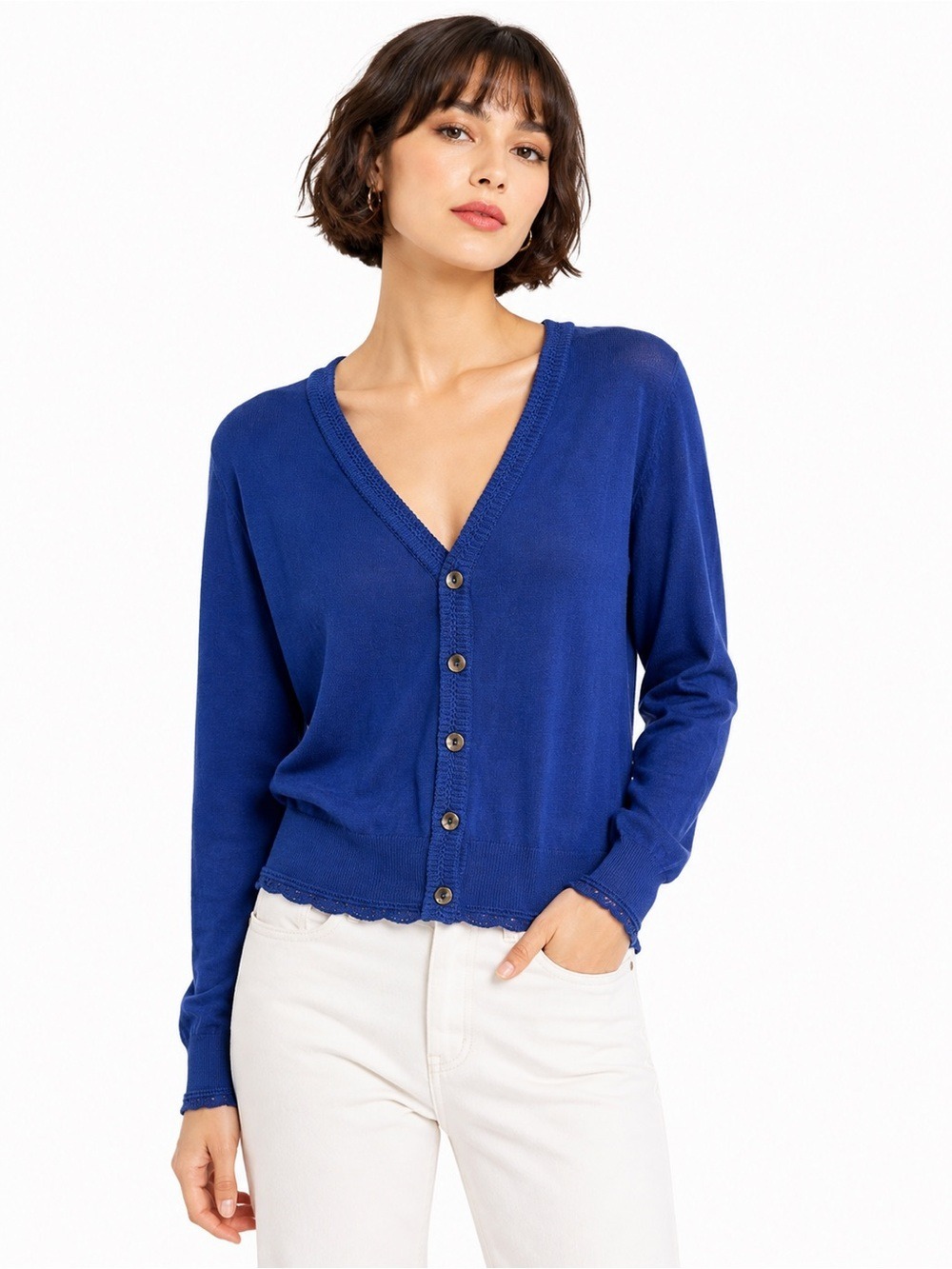Songzio Silk Blend Cardigan Sweater V Neck Jewel Tone Royal Blue M Korean Brand
